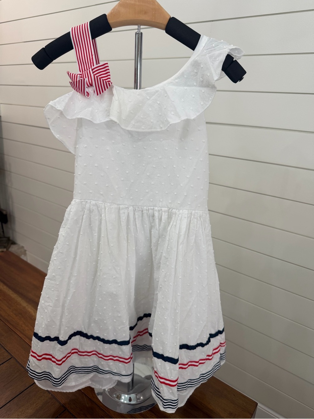 White Ruffle Shoulder Kids Dress with Red & Navy Trim